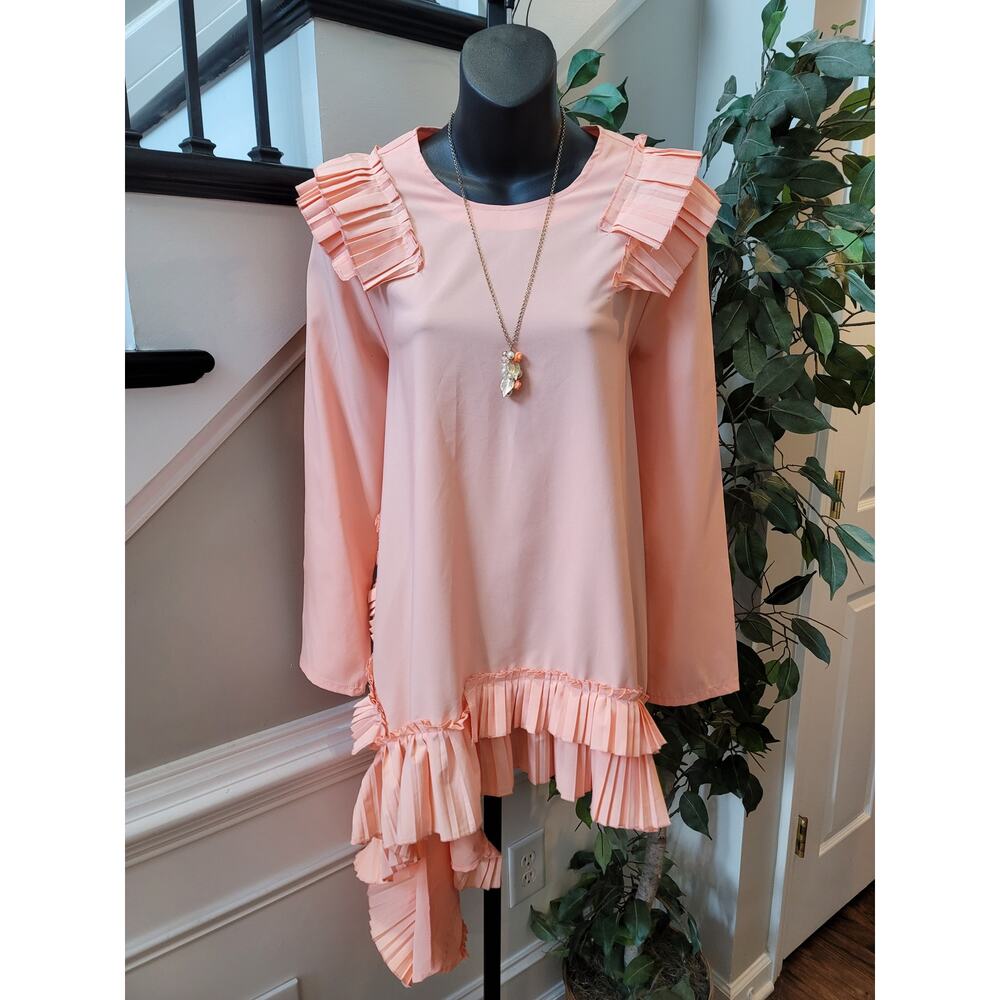 WoWo Tunic Top Women's Size M Peach Pleated Ruffle Hi Low Top Long Sleeve